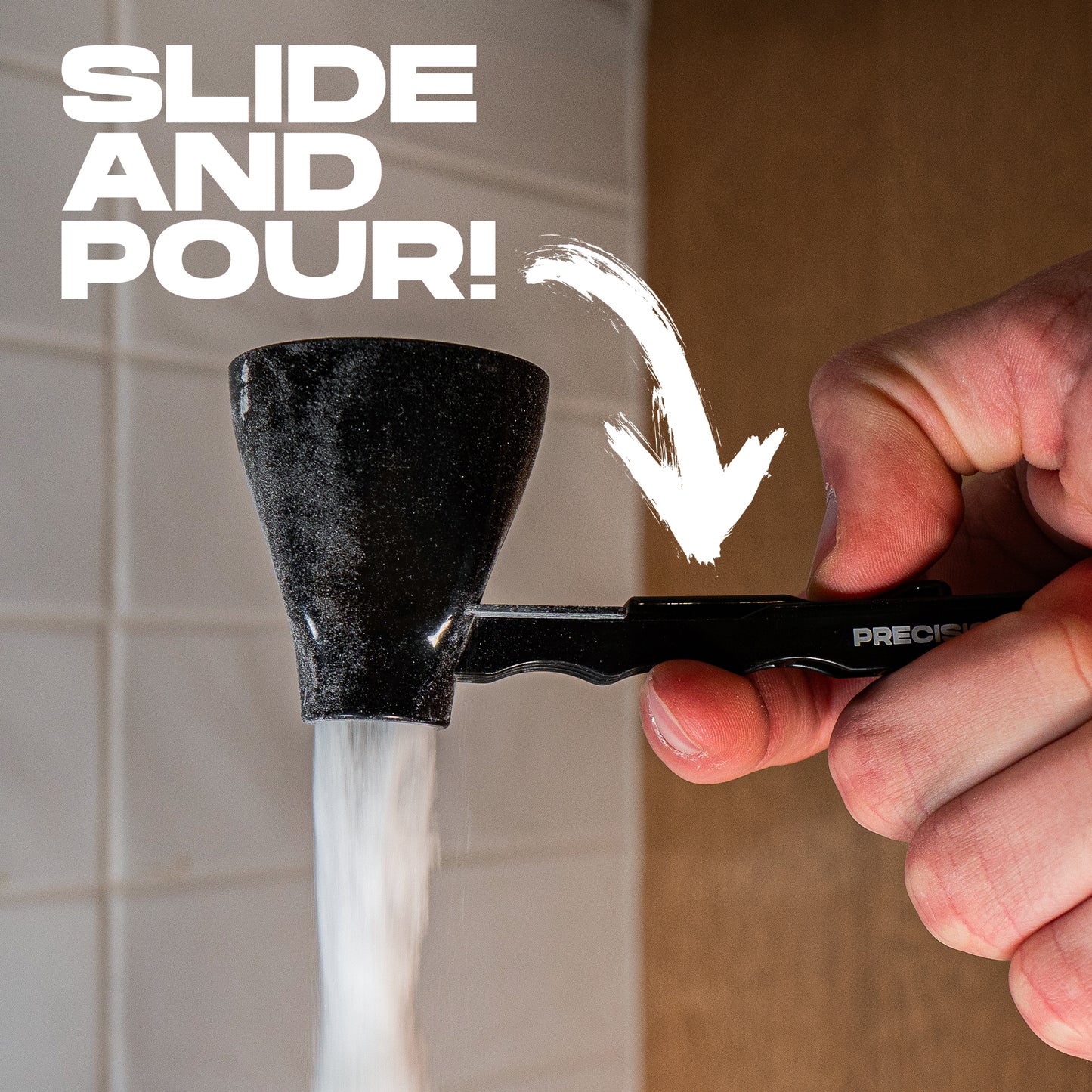 Top-down view of the Precision Pro Scoop with visible tablespoon measurement lines inside the funnel.