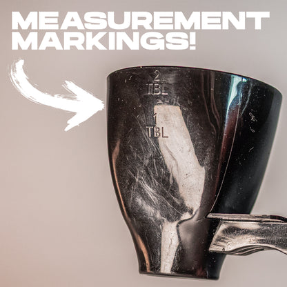 Precision Pro Scoop held over a water bottle, demonstrating easy, spill-free pouring.